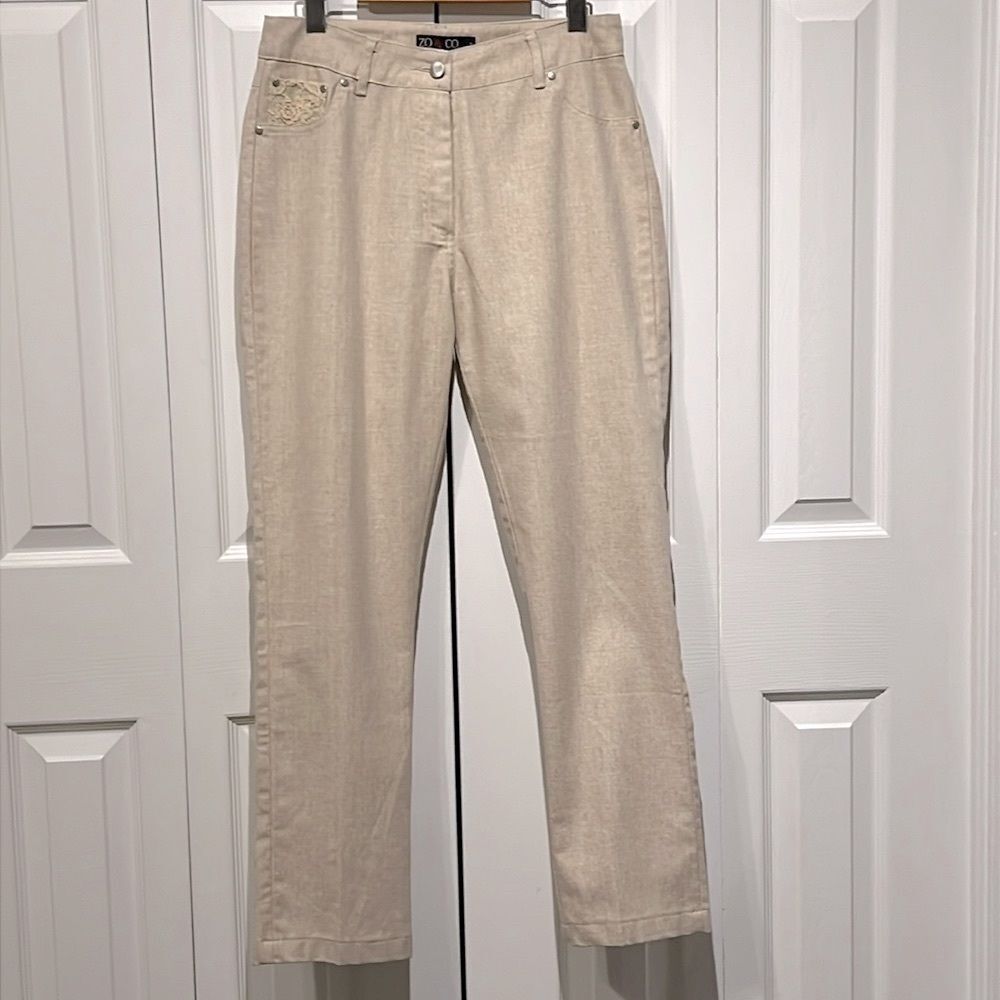 Zo & Co. Cream Cotton/Linen Blend‎ Straight Leg Pants Size 8